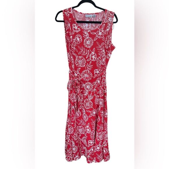 Nina Leonard Red Sleeveless Midi Dress with an Embroidered White Floral Pattern - Picture 2 of 8